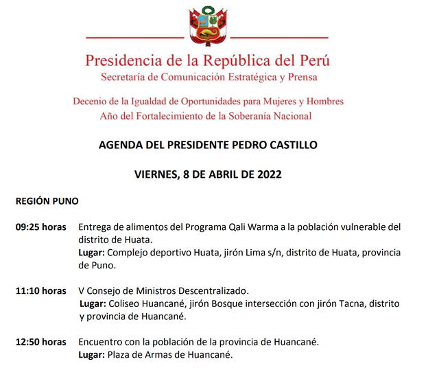Agenda presidencial para este viernes 8 de abril. Foto: Presidencia