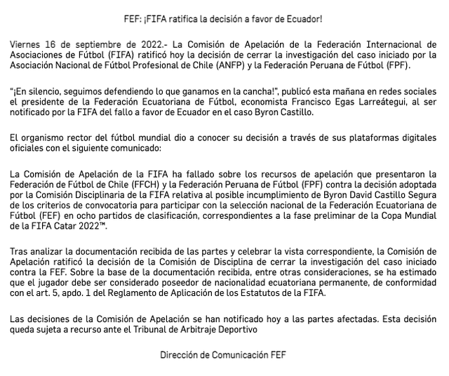 Comunicado de la FEF sobre el caso Byron Castillo. Foto: FEF