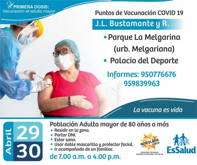 COVID-19: puntos de vacunación para mayores de 80 años en Arequipa
