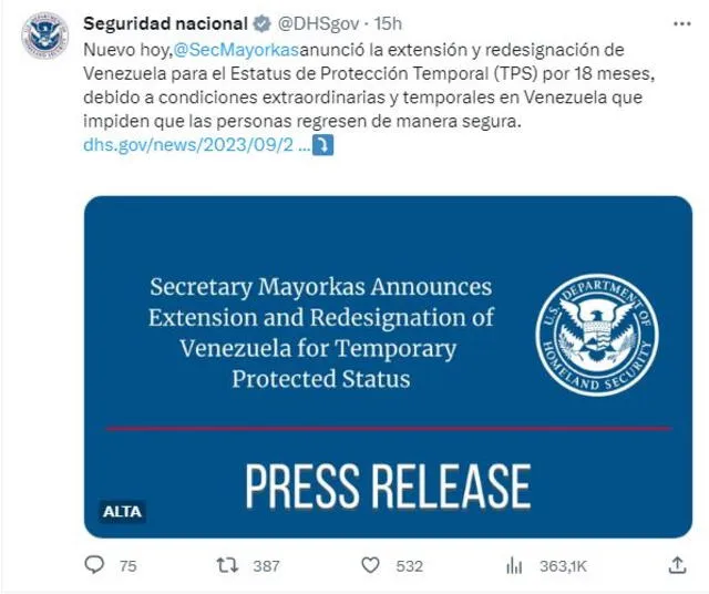 Alejandro Mayorkas anunció la extensión y redesignación de Venezuela para el Estatus de Protección Temporal (TPS) por 18 meses. Foto: @DHSgov   