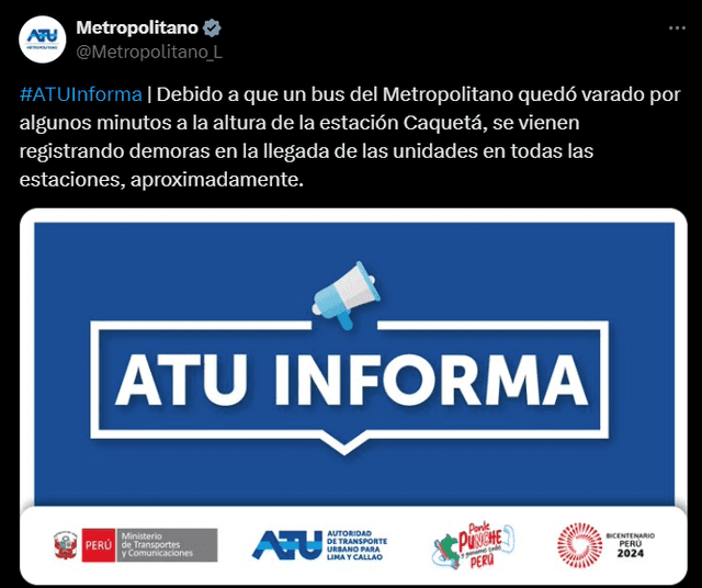 Comunicado ATU. Foto: Metropolitano/X   
