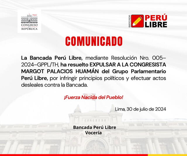 Comunicado de Perú Libre. Foto: Perú Libre/X   