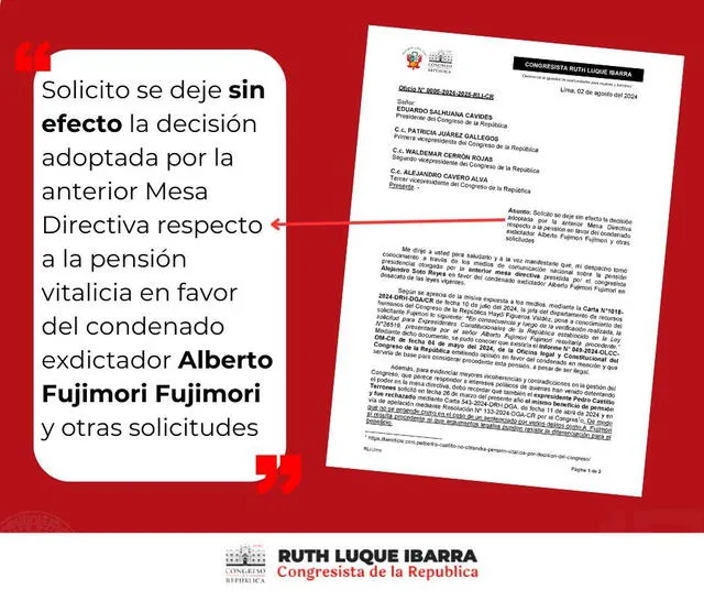 Comunicado de Ruth Luque donde rechaza la decisión del Congreso. Foto: Ruth Luque/Facebook   