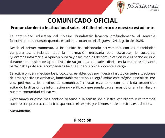 Comunicado de colegio Dunalastair.    