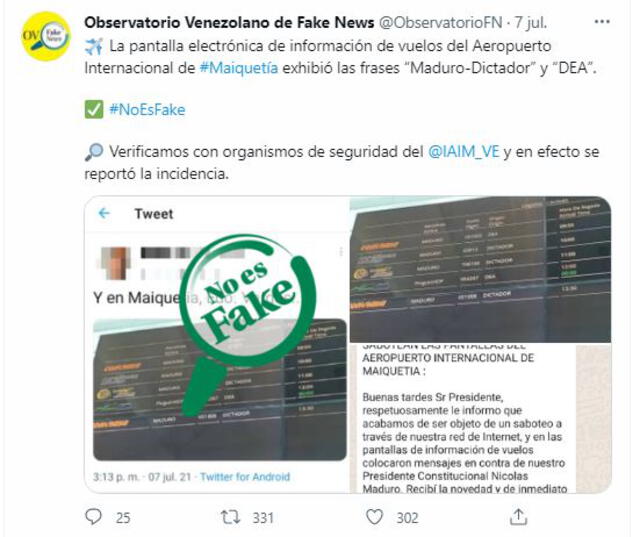 Tuit del Observatorio Venezolano de Fake News. Foto: captura Twitter