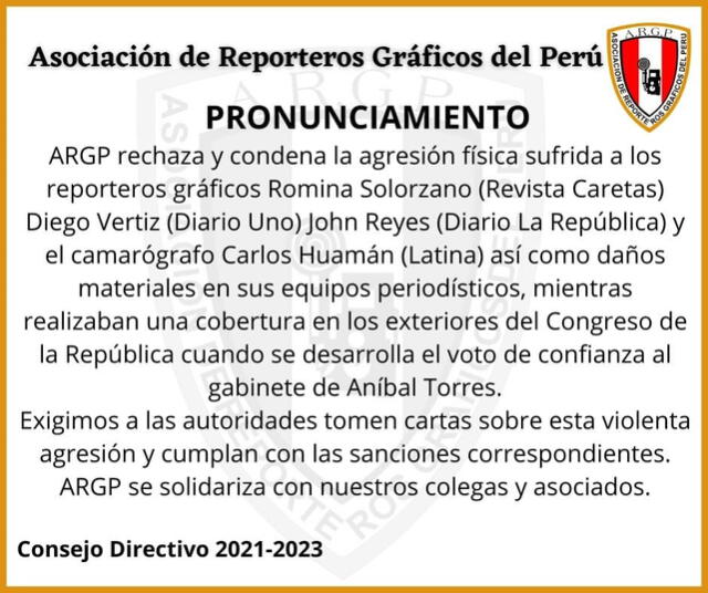 Pronunciamiento de la Asociación de Reporteros Gráficos del Perú