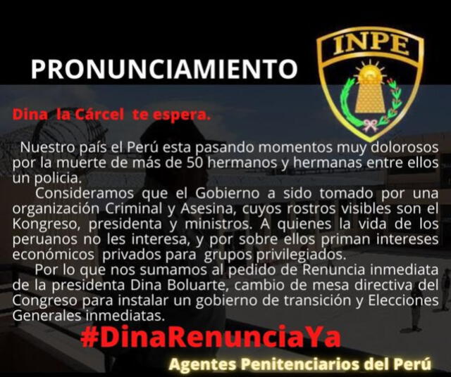  Supuesto pronunciamiento del INPE contra Dina Boluarte. Foto: captura en Facebook.   