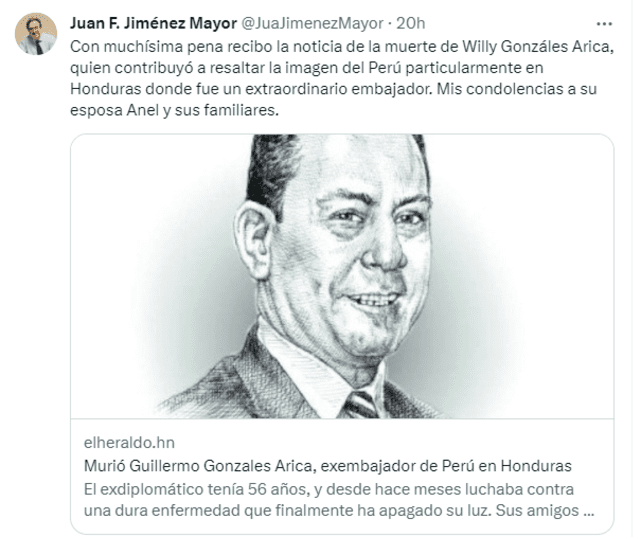 Juan Jiménez Mayor se pronunció a través de su cuenta de Twitter.  