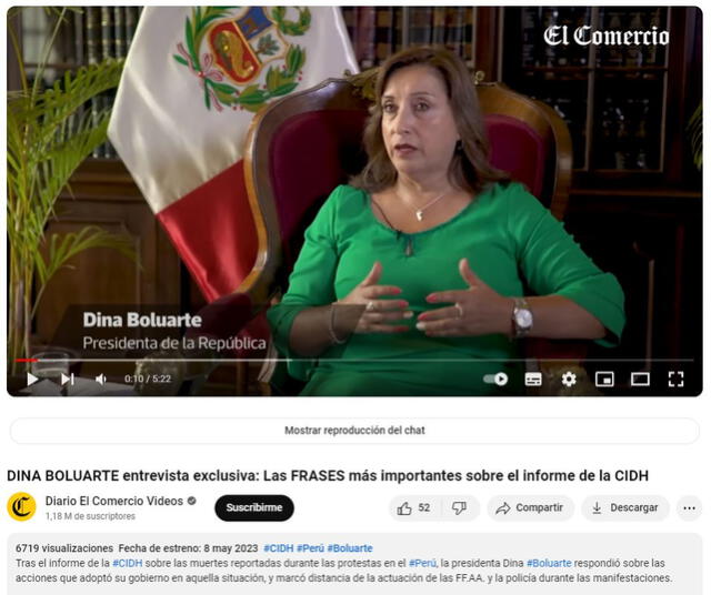  Video original: entrevista a Dina Boluarte en mayo de 2023. Foto: captura en YouTube / El Comercio.    