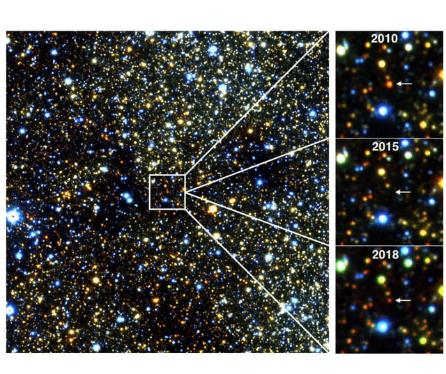  Imágenes en infrarrojo de estrellas gigantes rojas que se desvanecen y vuelven a aparecer. Se ubican a 30.000 años luz. Foto: Philip Lucas   
