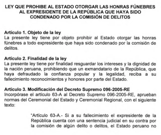  Congreso presenta proyecto de ley que prohíbe otorgar las honras fúnebres a expresidentes condenados por delitos   