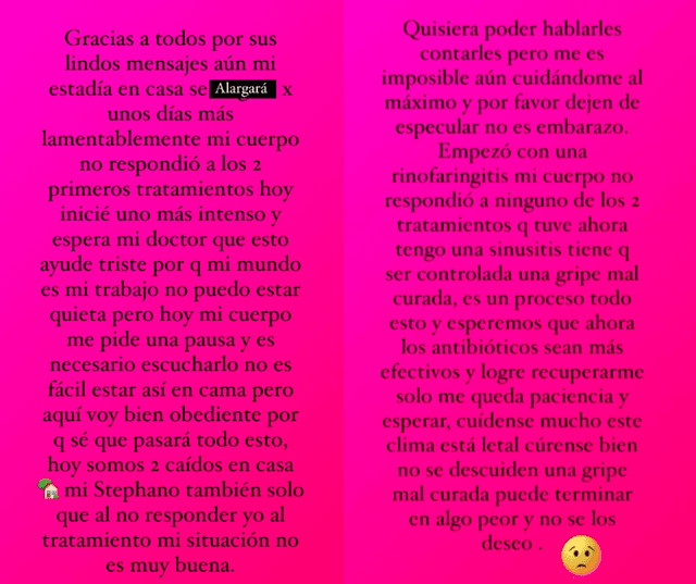 Karla Tarazona publicó un mensaje en sus redes sociales contando sobre su estado de salud. Foto: captura/Instagram 