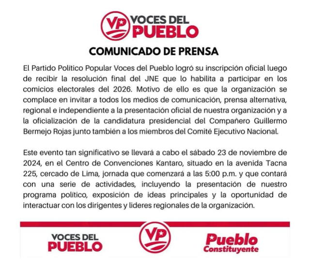 Comunicado de Voces del Pueblo. Foto: Voces del Pueblo   