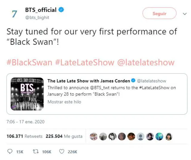 Bit Hit confirma que BTS se presentará en "The Late Late Show James Corden".