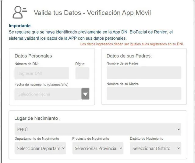 Ten presente que debes validar tu identidad en la app DNI BioFacial habilitado por el Reniec. Foto: captura
