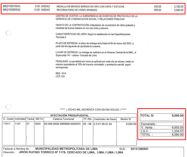 El desagregado de la compra solicitada por la gestión de Rafael López Aliaga. Foto: captura/orden de compra N.° 129-2023-MML-GA/SLC   