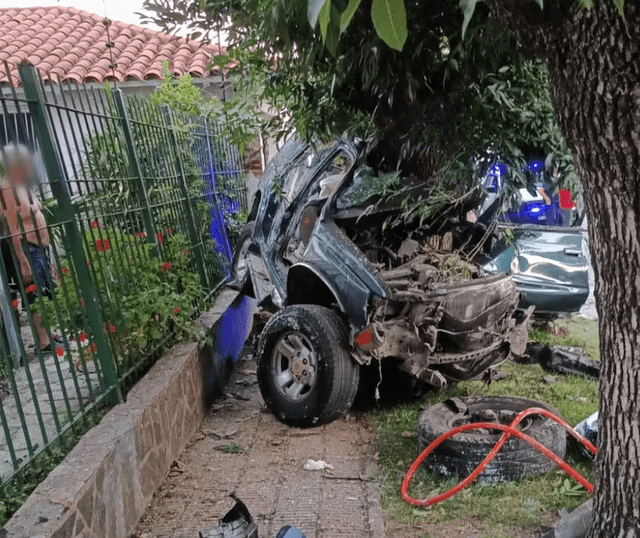 La camioneta sustraída se estrelló contra un árbol y la reja de una casa en Quilmes. Foto: Policía de Buenos Aires   