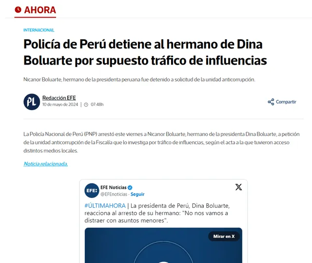 Dina Boluarte reacciona al arresto de su hermano. Foto: Prensa Libre<br>    