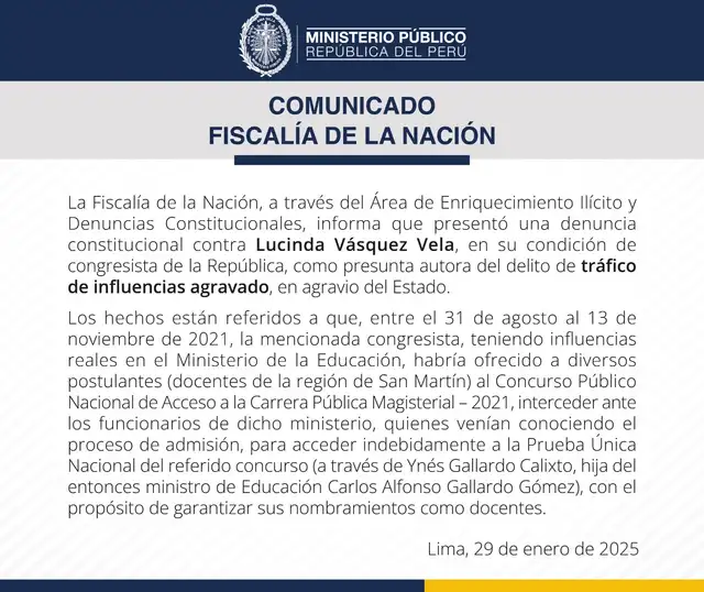 Comunicado de la Fiscalía en el que anuncia que presentó una denuncia constitucional contra la congresista Lucinda Vásquez Comunicado de la Fiscalía en el que anuncia que presentó una denuncia constitucional contra la congresista Lucinda Vásquez