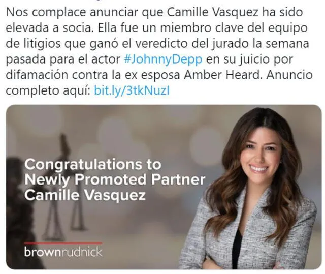 Camille Vásquez fue premiada por su trabajo en la demanda de Amber Heard contra Johnny Depp.