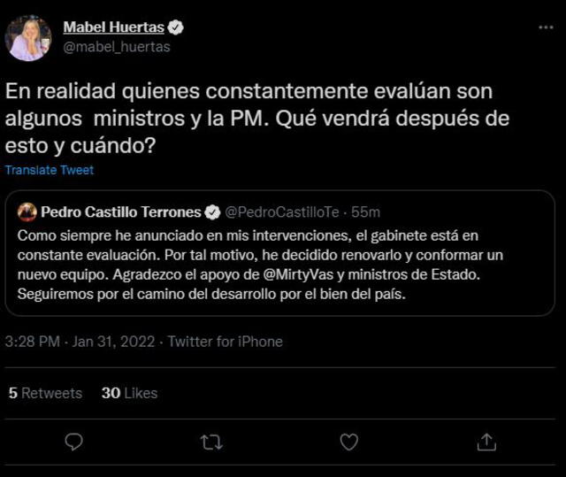 Mabel Huertas con respecto al anuncio del presidente sobre cambiar el gabinete