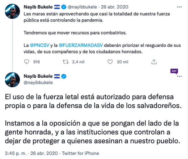 Tuits de Nayib Bukele publicados el 26 de abril de 2020 donde confirma el uso de la fuerza letal para la Policía Nacional y las Fuerzas Armadas de El Salvador. Fuente: Captura LR, Twitter.