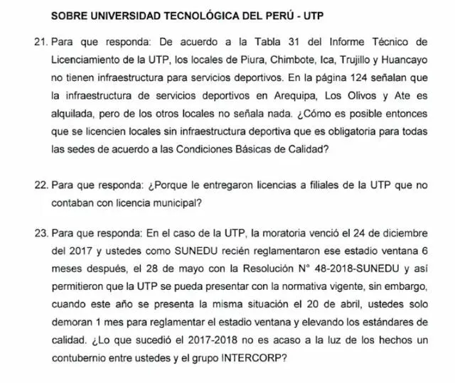 Preguntas vinculadas al licenciamiento de la Universidad Tecnológica del Perú