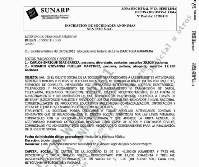 En un documento de inscripción de Nexnet SAC ante la SUNARP se aprecia el nombre de Carlos Enrique Díaz García como socio fundador. Foto: Documento de SUNARP
