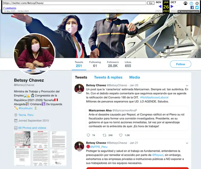 Registro del Twitter de Betssy Chávez de enero de 2022. Foto: captura en Archive.org Registro del Twitter de Betssy Chávez de enero de 2022. Foto: captura en Archive.org