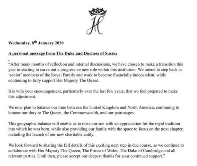 El comunicado donde Meghan Markle y el príncipe Harry confirmaban su renuncia a la realeza británica.