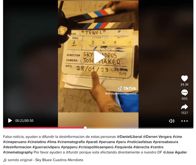 Aclaración de parte de la cineasta en su perfil de Tik Tok. Foto: captura LR/Tik Tok.   