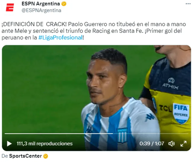  Prensa argentina elogia a Paolo Guerrero. Foto: captura Twitter/ESPN   