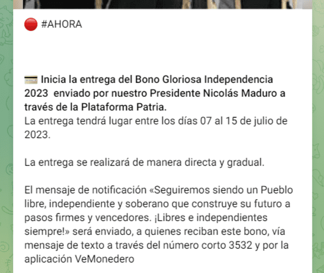 En 2023, el Primer Bono Especial de julio llegó con el nombre de Bono Gloriosa Independencia. Foto: Canal Patria Digital/Telegram