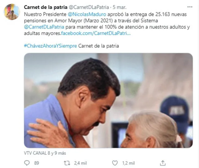 Patria informó en redes sociales sobre las nuevas pensiones de Amor Mayor. Foto: captura de Twitter