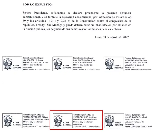 Susel Paredes suscribió una de las denuncias constitucionales contra Freddy Díaz. Foto: documento