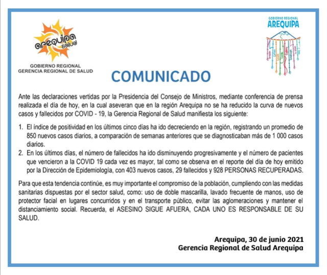 Comunicado. Fuente: Geresa