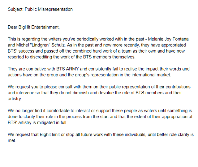 Carta de fans de BTS sobre Melanie Fontana. Créditos: ARMY