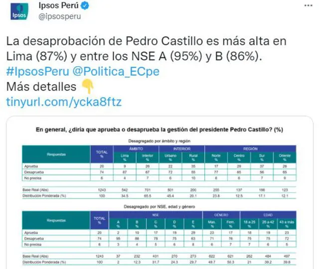 Ipsos: 74% de los peruanos desaprueba gestión de Pedro Castillo