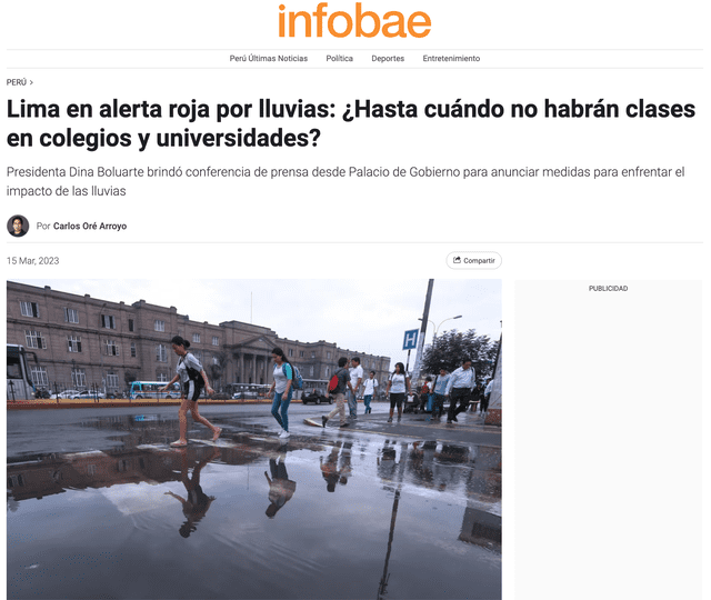 Así informó la prensa internacional sobre las lluvias en Lima por el ciclón Yaku. Foto: captura de Infobae   