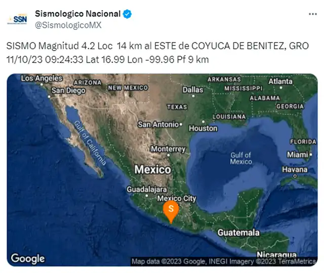 Sismo en México remeció Guerrero hoy miércoles 11 de octubre. Foto: SSN Sismo en México remeció Guerrero hoy miércoles 11 de octubre. Foto: SSN