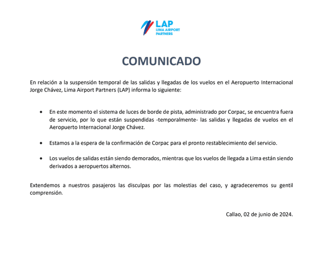 Comunicado de LAP. Foto: difusión.   