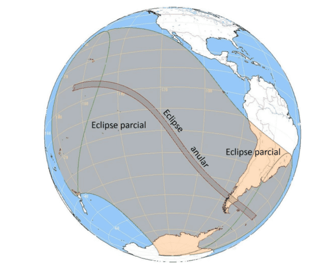  El eclipse anular de Sol será visible en el Pacífico y el sur de Sudamérica, en algunas zonas se podrá apreciar el 'anillo de fuego'. Foto: Astronomia.ign   