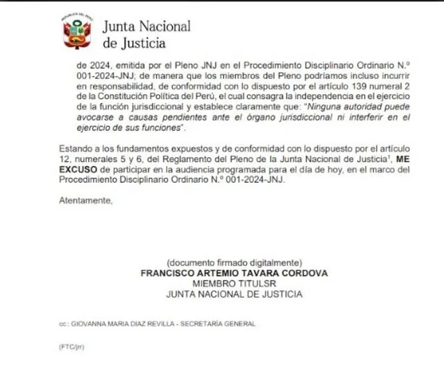 Francisco Távara confirma que comunicó a Gino Ríos su decisión de no votar en el caso de Patricia Benavides. Foto: JNJ/Captura de pantalla. Francisco Távara confirma que comunicó a Gino Ríos su decisión de no votar en el caso de Patricia Benavides. Foto: JNJ/Captura de pantalla.