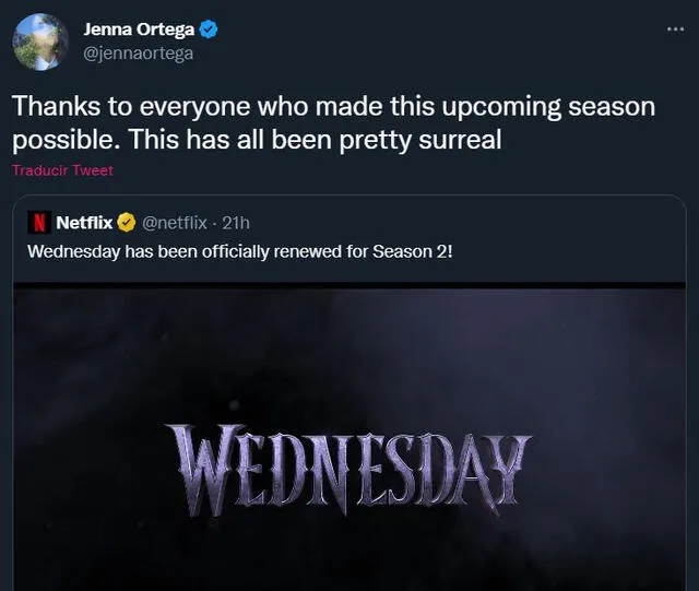 La actriz de "Merlina" compartió con sus seguidores un mensaje tras confirmarse la temporada 2. @jennaortega