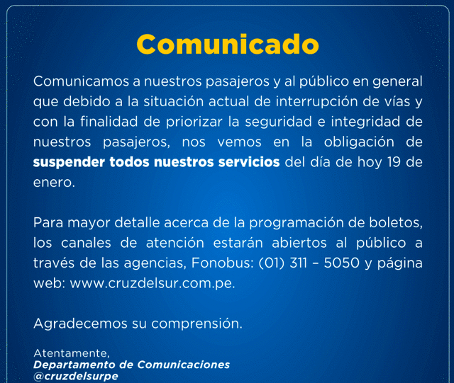 Cruz del Sur emitió un comunicado sobre la suspensión de sus servicios para este jueves 19 de enero. Foto: Cruz del Sur/Facebook