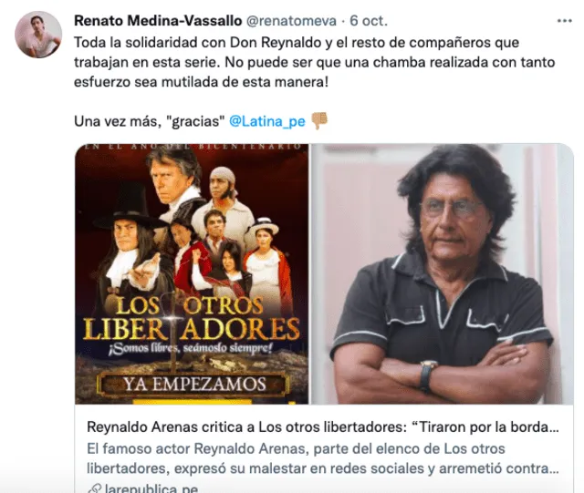 Renato Medina-Vasallo respalda a Reynaldo Arenas por su critica a Los otros libertadores