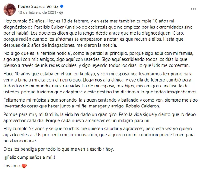  Publicación de "Pedrito" el día de su cumpleaños número 52. Captura: Facebook / Pedro Suárez-Vértiz   