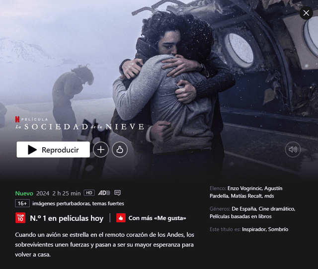  'La sociedad de la nieve' dura dos horas con 25 minutos. Foto: captura Netflix   
