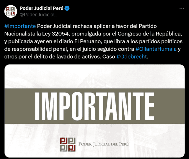 Comunicado del Poder Judicial. Foto: X/Poder Judicial   