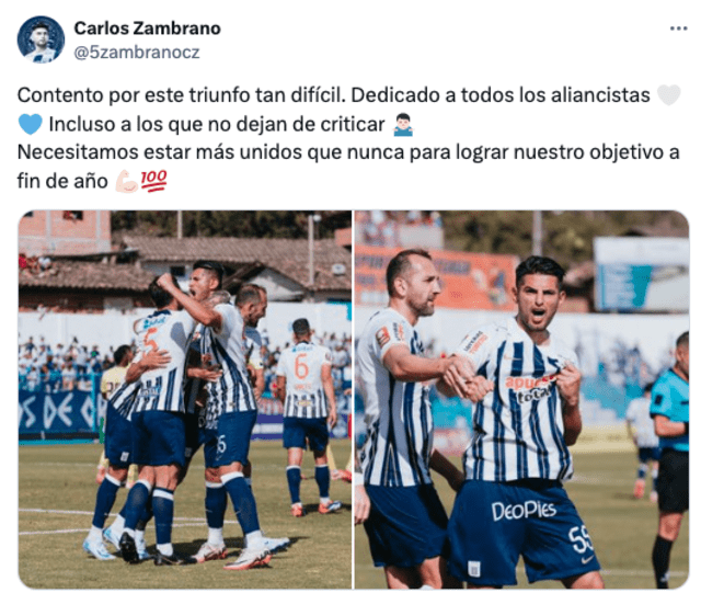 Mensaje de Carlos Zambrano tras victoria de Alianza Lima ante Comerciantes Unidos. Foto: Twitter/Carlos Zambrano   